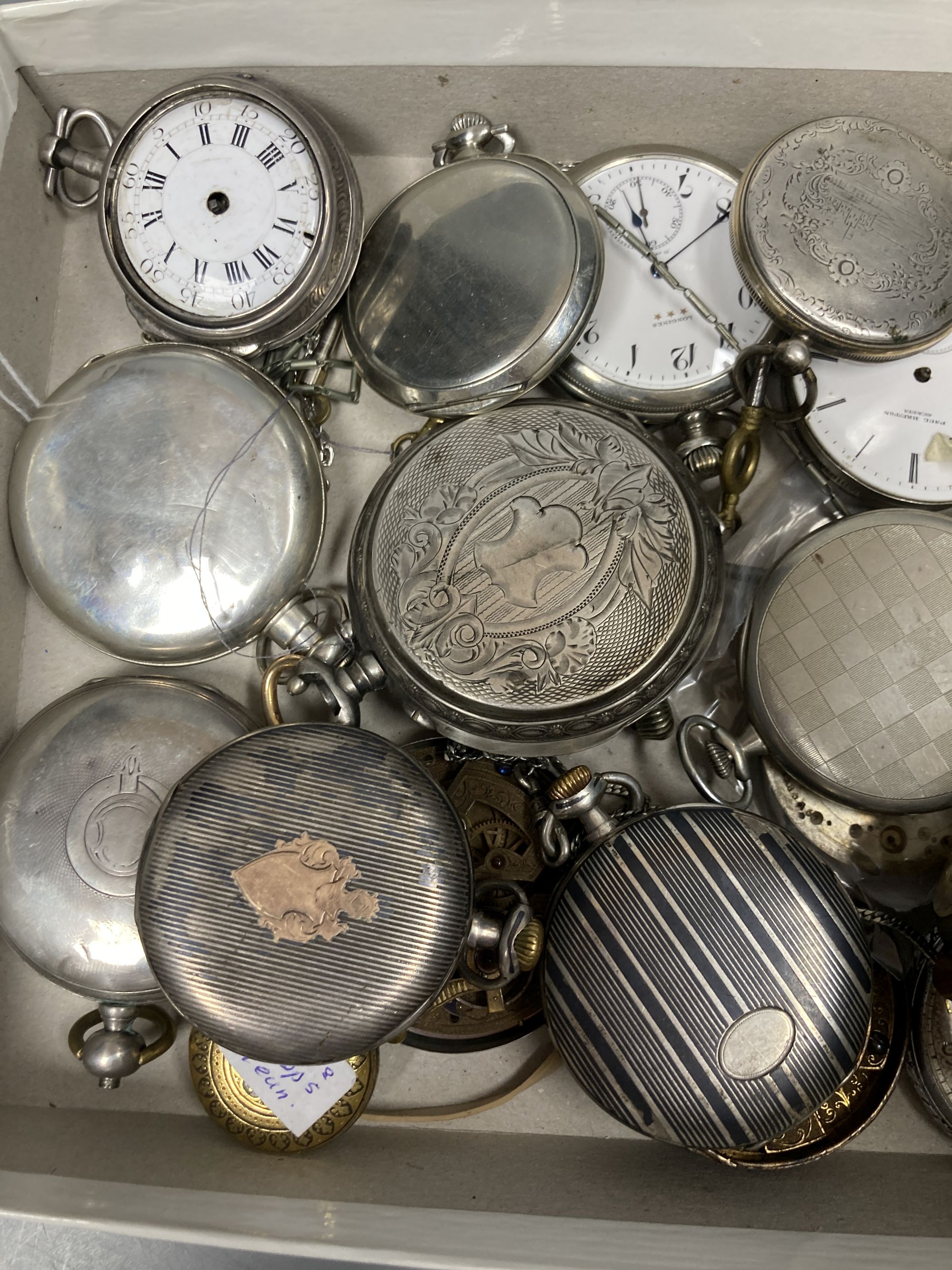 A collection of assorted mainly base metal pocket watches, movement etc. including niello, early 20th century wrist watch and a silver pair cased pocket watch (mainly a.f.).